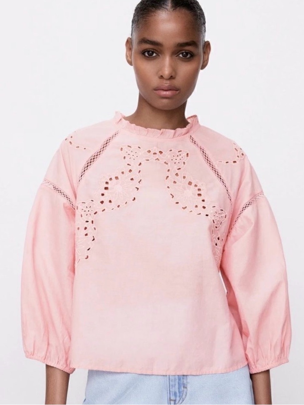 NWT Zara Embroidered Pink Eyelet Blouse